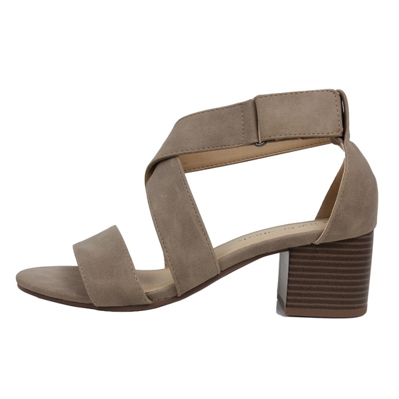 Size 5.5 Taupe Open Toe Strappy Mid Stacked Heel - Picture 3 of 6